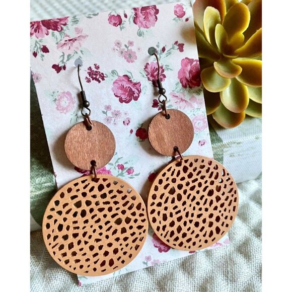 New Brown & Camel Round Wooden Circle Disk Boho Beachy Statement Earrings 3.25" - Picture 5 of 5